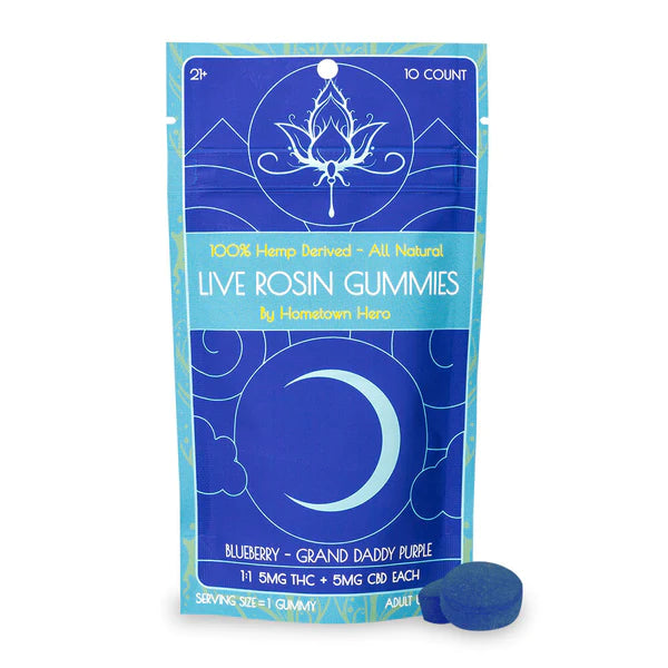 Hometown Hero Delta-9 Live Rosin Gummies (Blueberry) (5mg THC & 5mg CBD Each 1:1)