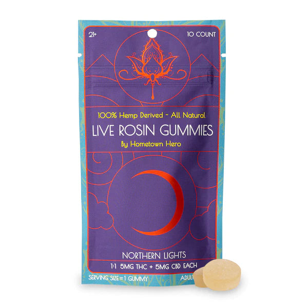 Hometown Hero Delta-9 Live Rosin Gummies (Northern Lights) (5mg THC & 5mg CBD Each 1:1)